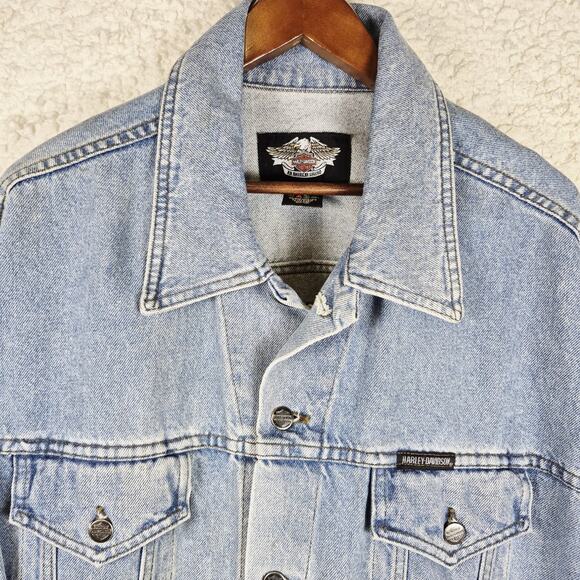 Harley Davidson Vintage Denim Jean Jacket Men's XL Embroidered Back Eagle Patch - Picture 2 of 11